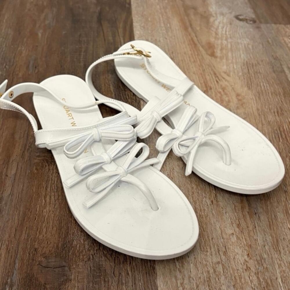 Stuart Weitzman Felicity white Jelly Sandal white 3 rubber bows T-strap sz 7 EUC